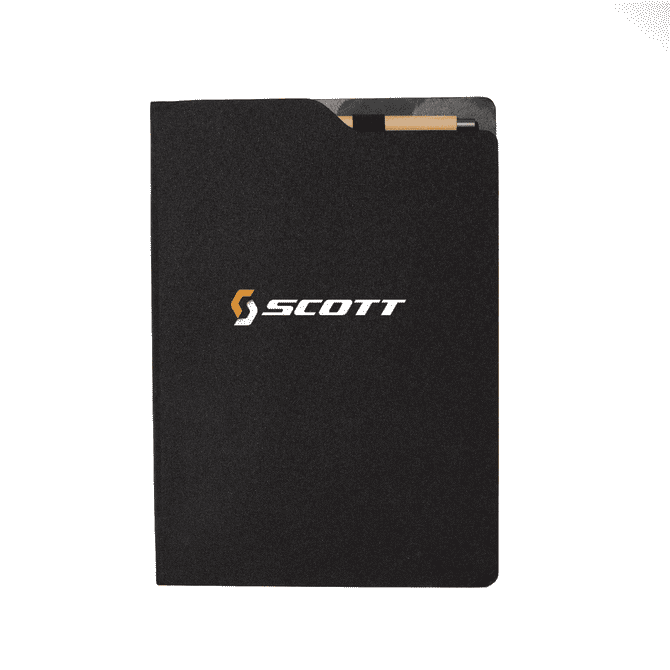 A black A4 notebook with a logo, featuring a sleek cover and a side pocket for cards.