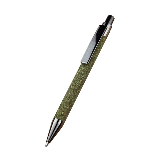 A green pen with a textured finish and a black clip, featuring a metallic tip and barrel.
