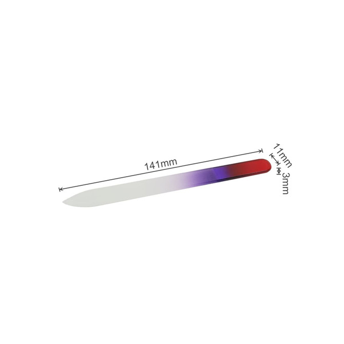 A gradient coloured glass nail file featuring a smooth white centre and vibrant red to purple ends.