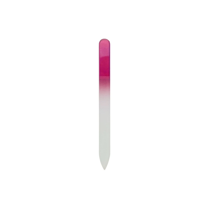 A crystal glass nail file featuring a gradient design from pink to white, with a pointed end and a smooth surface.