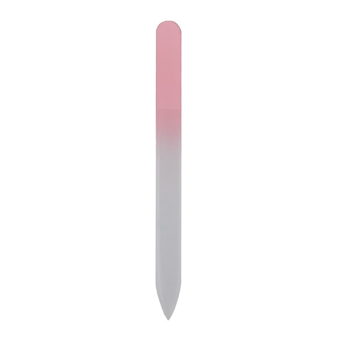 A gradient glass nail file featuring a pink to clear colour transition, with a smooth, pointed tip.