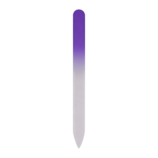 A gradient glass nail file featuring a smooth transition from purple to white along its length.