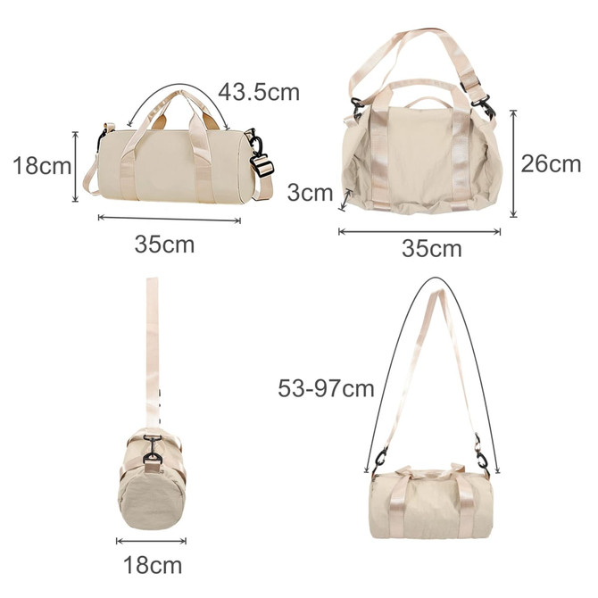 A bucket duffle bag in beige with wide straps, featuring various dimensions and a detachable shoulder strap.