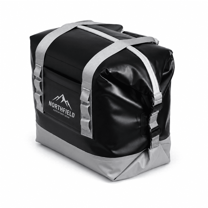 A black and grey 17L foldable cooler with adjustable straps and a logo on the side.