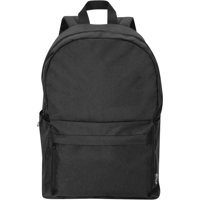 A black backpack with a rounded top, a front pocket, and adjustable straps, featuring a logo on the side.