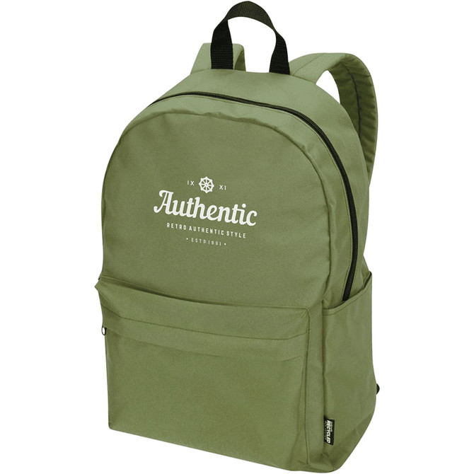 A green laptop backpack with padded straps and a front pocket, featuring a logo on the front.