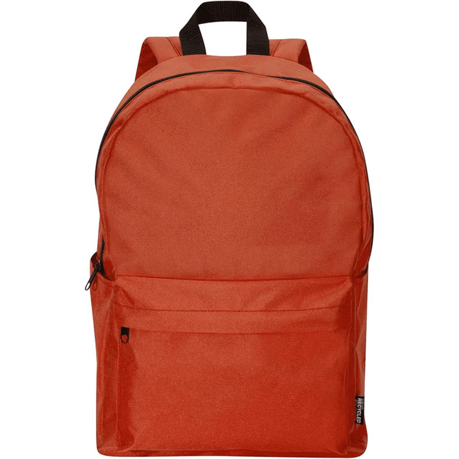 An orange backpack with a simple design, featuring a front pocket and adjustable straps. It has a logo on the side.