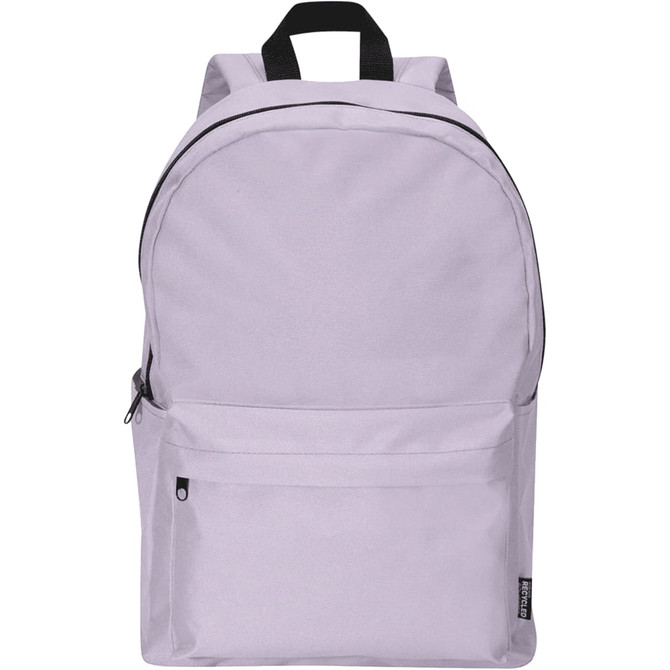 A light purple laptop backpack with a front pocket and black accents. It features two shoulder straps and a top handle.