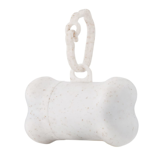 A white bone-shaped dog waste bag dispenser with a clip attachment. It has a speckled texture.
