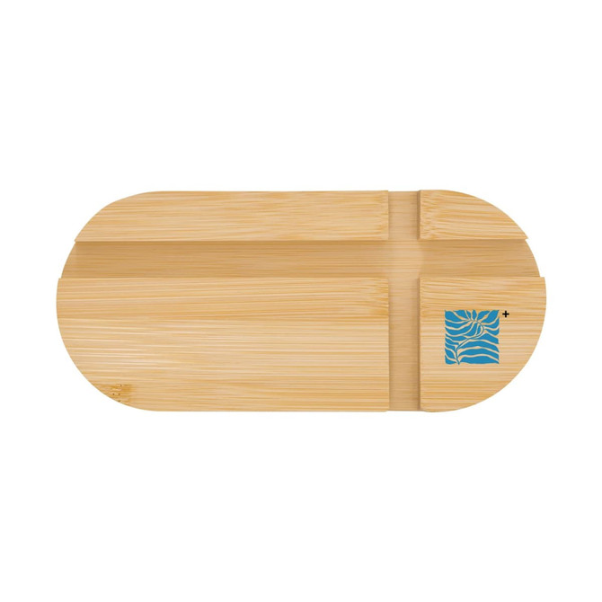 A bamboo phone stand in a light natural colour with a blue logo, featuring slots for holding a device.