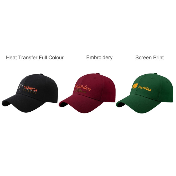 A collection of three baseball caps in black, burgundy, and green, each featuring a logo or branding.
