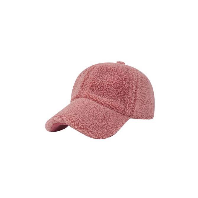 A lamb fur baseball cap in pink, featuring a soft, textured surface and a curved brim.