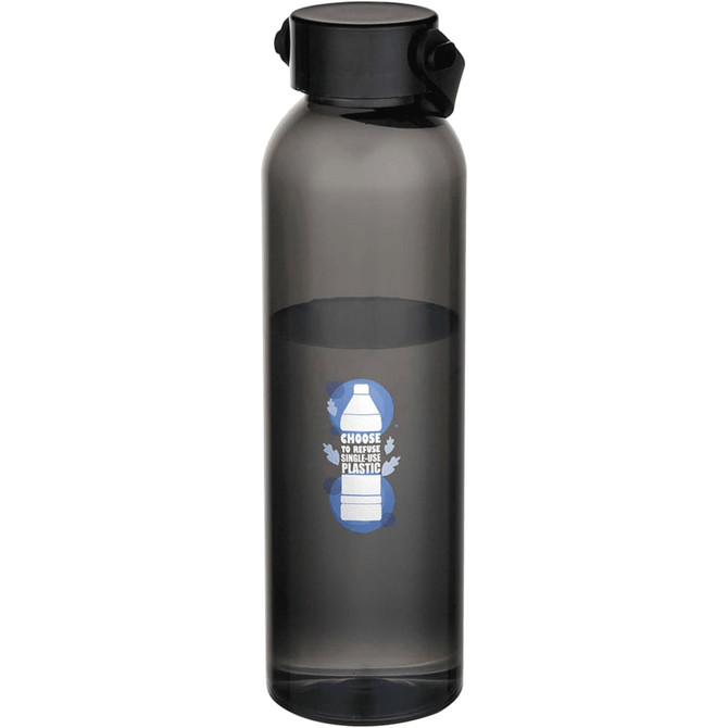 A drink bottle made from recycled plastic, featuring a sleek, matte grey design and a black screw-top lid.