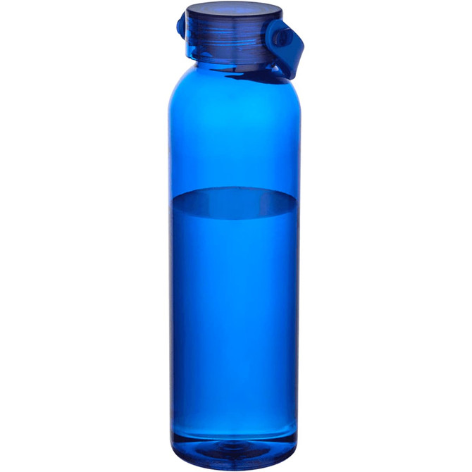 A drink bottle made from recycled plastic, featuring a blue body and a secure lid. It has a logo on its surface.