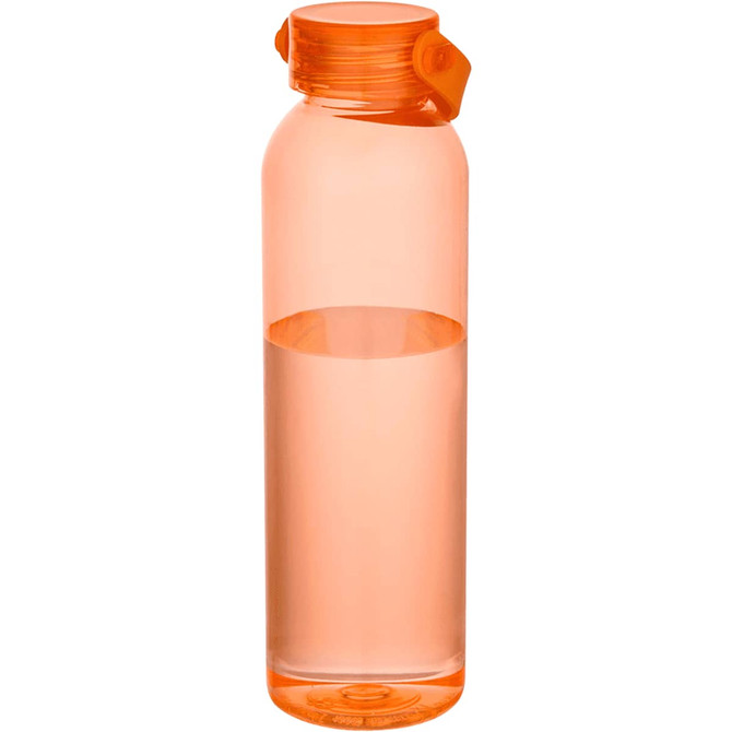 A drink bottle made from recycled plastic, featuring an orange body and a secure screw-top lid, filled with water.