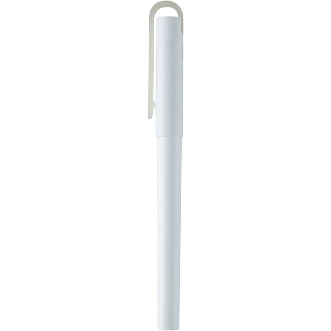 A white rollerball pen with a clip, featuring a sleek and minimalist design. It has a logo on the body.