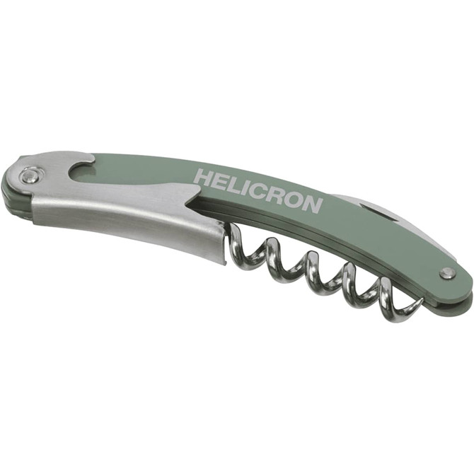 A green waitress knife with a corkscrew and a silver metal blade. It features a logo on the handle.