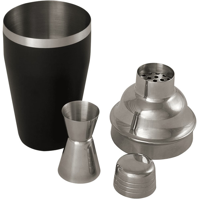 A black stainless steel cocktail shaker set featuring a shaker, jigger, strainer, and lid in silver.