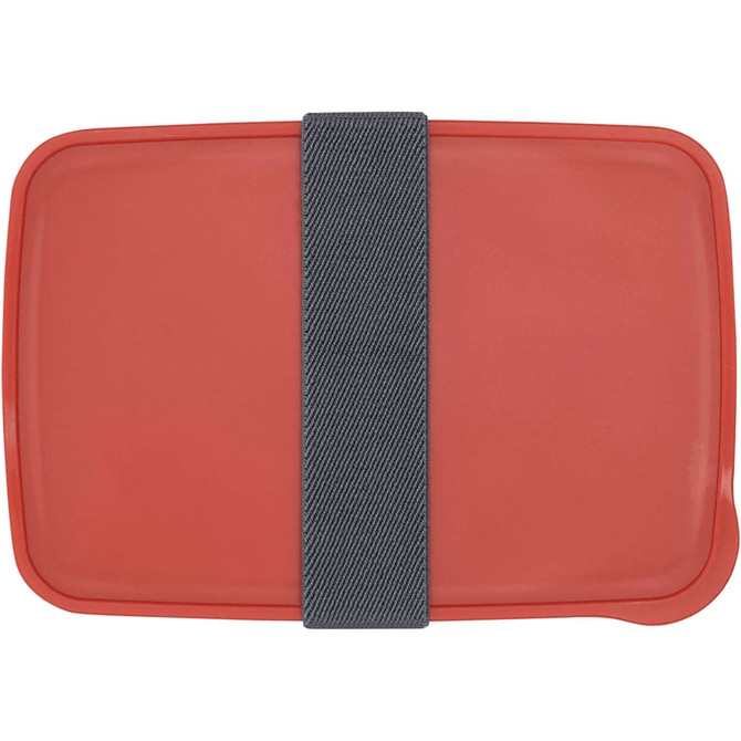 A red lunch box with a grey strap, featuring a rectangular design and a smooth lid.