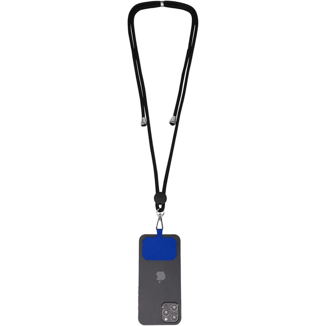 A black phone lanyard with a blue attachment, featuring a phone secured at the bottom.