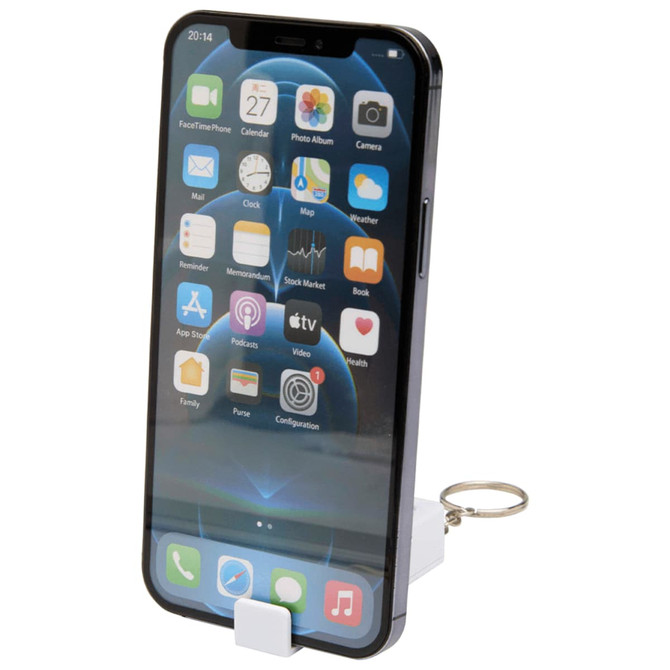 A white recycled plastic phone stand featuring a fidget toy attached, designed to hold a smartphone.
