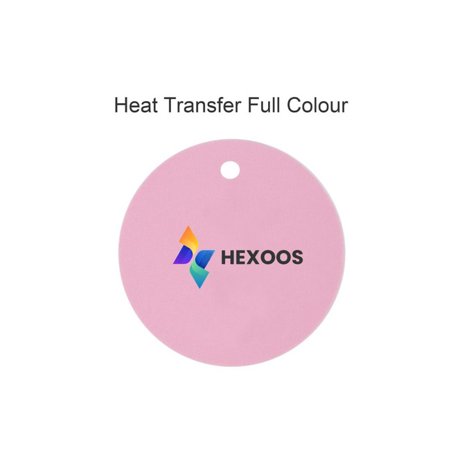 A round pink drink cover featuring a central logo. Includes a hole for attachment.
