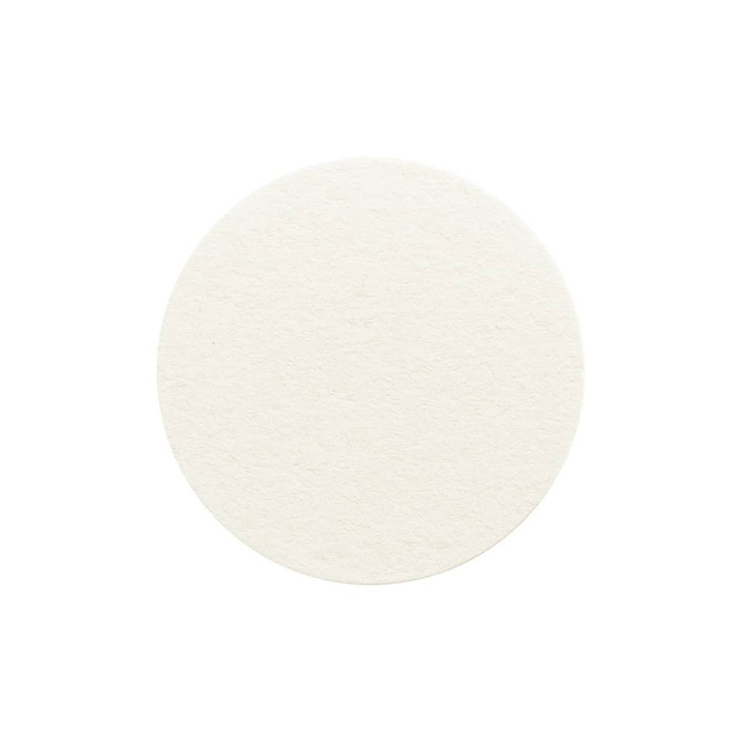 A round, white absorbent paper coaster with a textured surface and a simple design.