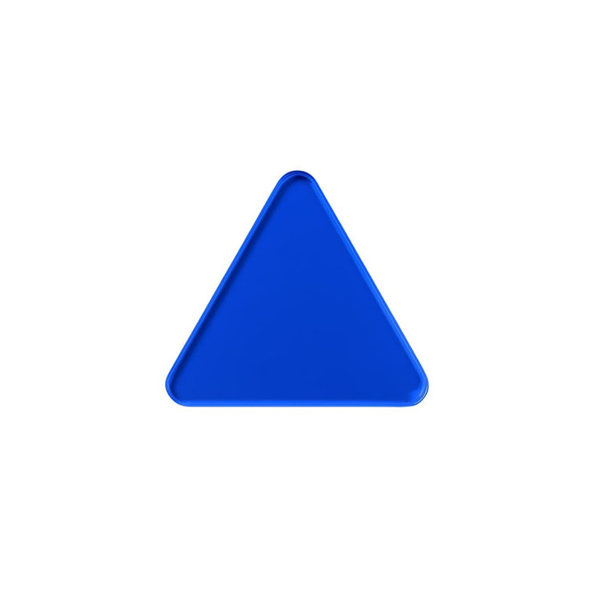 A triangular blue acrylic coaster with smooth edges and a glossy finish, featuring a logo.