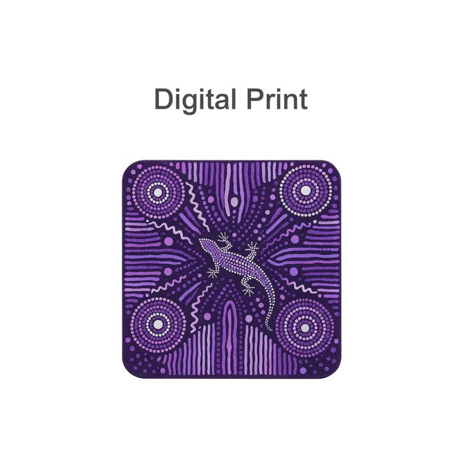 A square diatomaceous coaster featuring a purple digital print with a lizard design and intricate patterns.