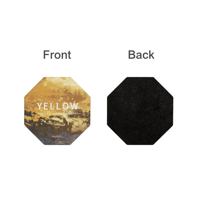 An octagonal frosted metal coaster in yellow on one side, with a black underside and a logo featured.