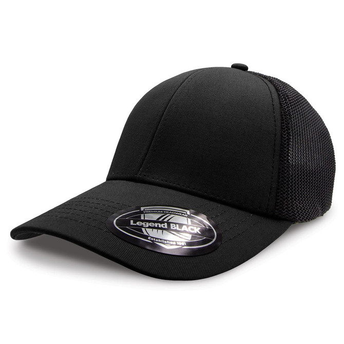 A black cap with a mesh back and a rounded peak, featuring a circular logo on the brim.