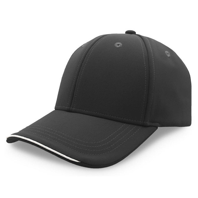 A black cap with a structured design and a contrasting white trim on the brim, featuring a logo.