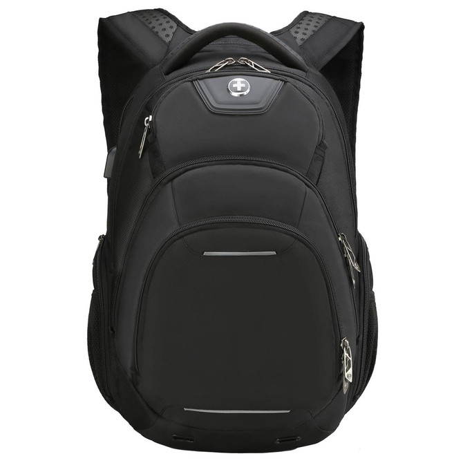 A black backpack with multiple compartments, padded straps, and a logo on the front.
