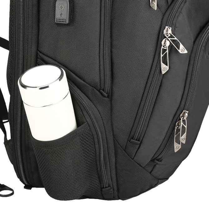 A black backpack with a white drink bottle in a side pocket, featuring multiple zipped compartments and a logo.