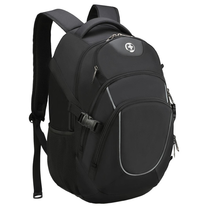 A black backpack featuring multiple compartments and a logo, designed for practicality and style.