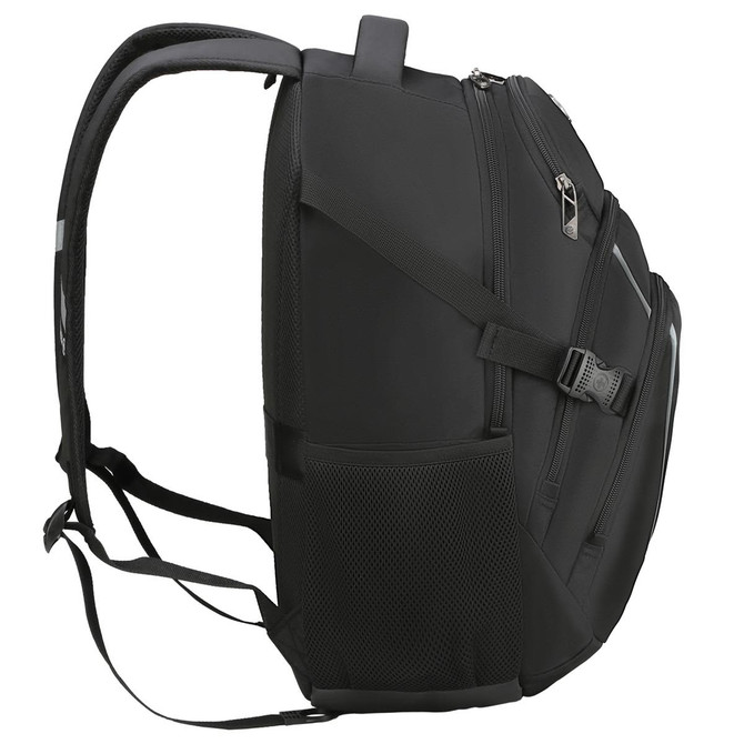 A black Swissdigital Stealth Vector Backpack with adjustable straps and multiple compartments, featuring a mesh side pocket.