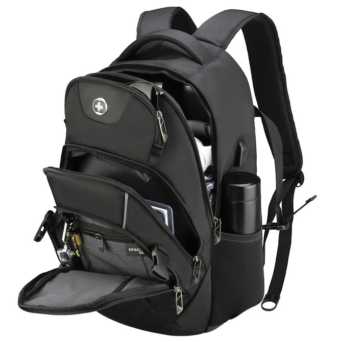 A black Swissdigital Stealth Vector Backpack with multiple compartments and a drink bottle holder. Features a logo.