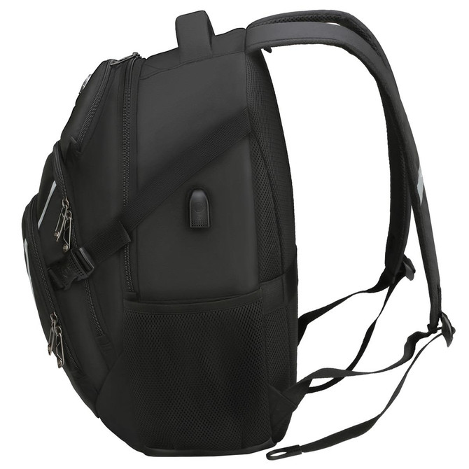 A black backpack with multiple compartments, featuring padded straps and a textured surface. It has a logo on the side.