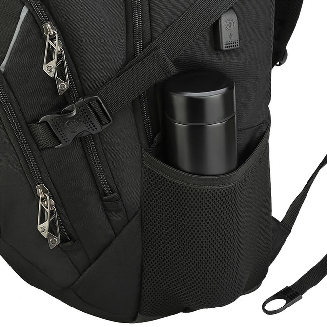 A black backpack featuring multiple zippered compartments and a side mesh pocket with a black drink bottle.