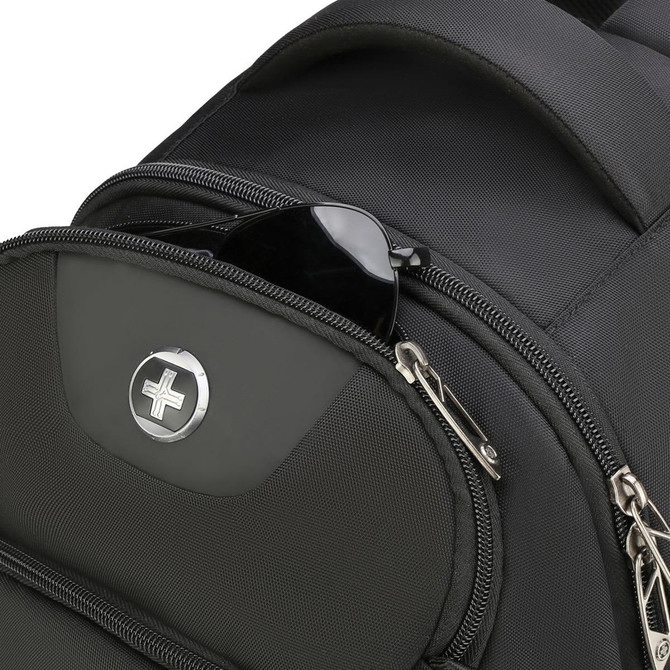 A black backpack with a zippered pocket holding a pair of sunglasses, featuring a logo.
