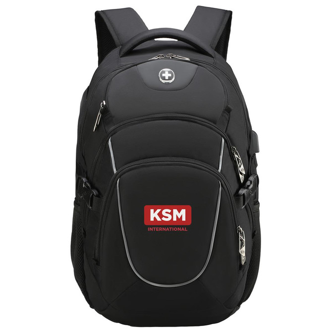 A black backpack with multiple compartments, featuring a logo and padded straps for comfort.