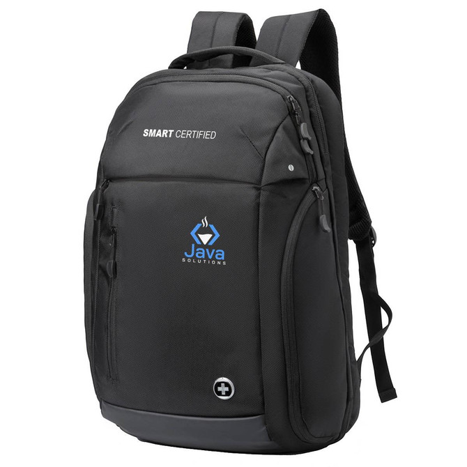 A black backpack featuring a logo, multiple pockets, and padded shoulder straps.