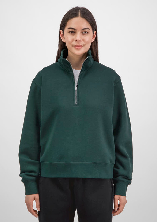 A women's dark green 1/4 zip sweatshirt with a relaxed fit and a branded logo.