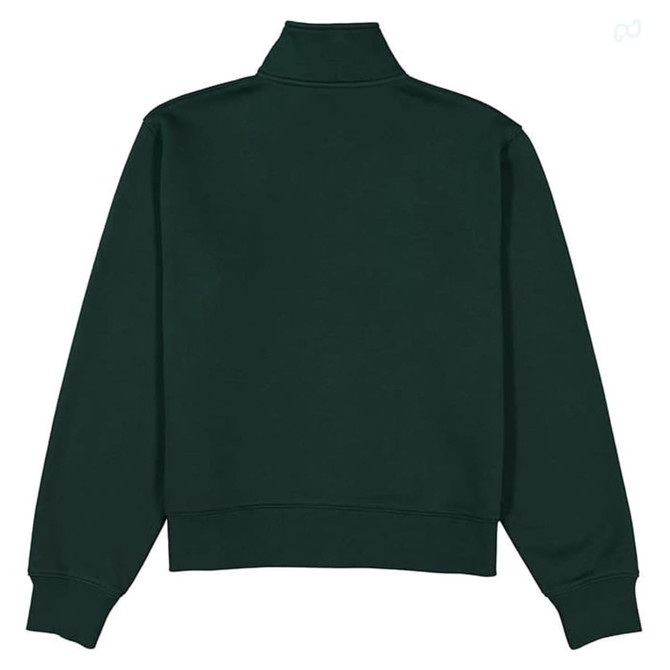 A dark green women's 1/4 zip sweater with a high collar and ribbed hem. The back view displays its simple design.