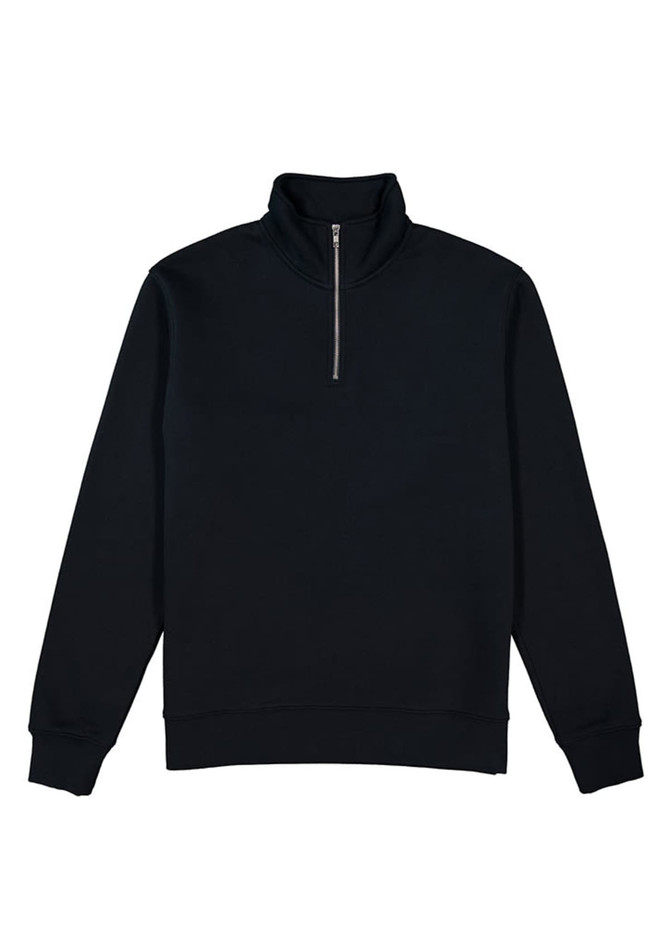 A black men's 1/4 zip jumper featuring a high collar and long sleeves. It has a simple, minimalist design with a logo.