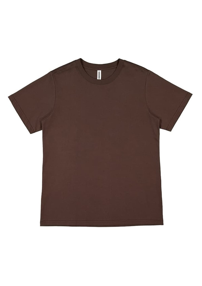 A brown women's short sleeve tee with a simple design and a label on the neckline.