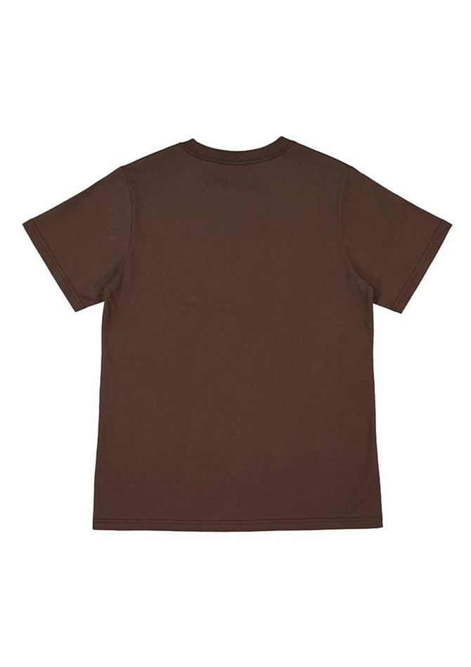 A brown women's short sleeve tee featuring a simple design and a logo on the label.