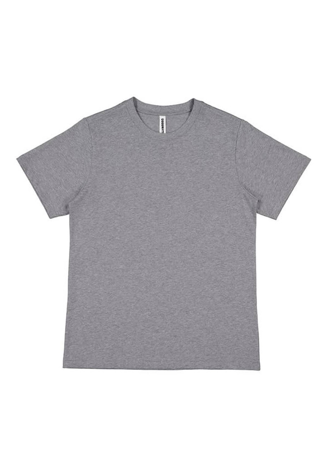 A grey women's short sleeve t-shirt with a simple design and a logo on the label.