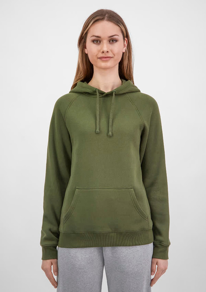 A women's hoodie in olive green, featuring a hood, front pouch pocket, and ribbed cuffs. It has a logo on the clothing.