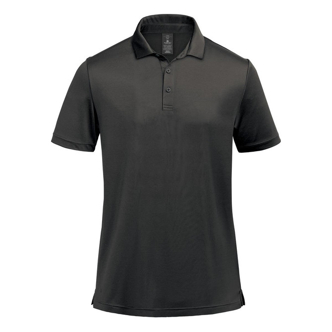 A black men's polo shirt featuring a collar, three buttons, and a logo on the chest.